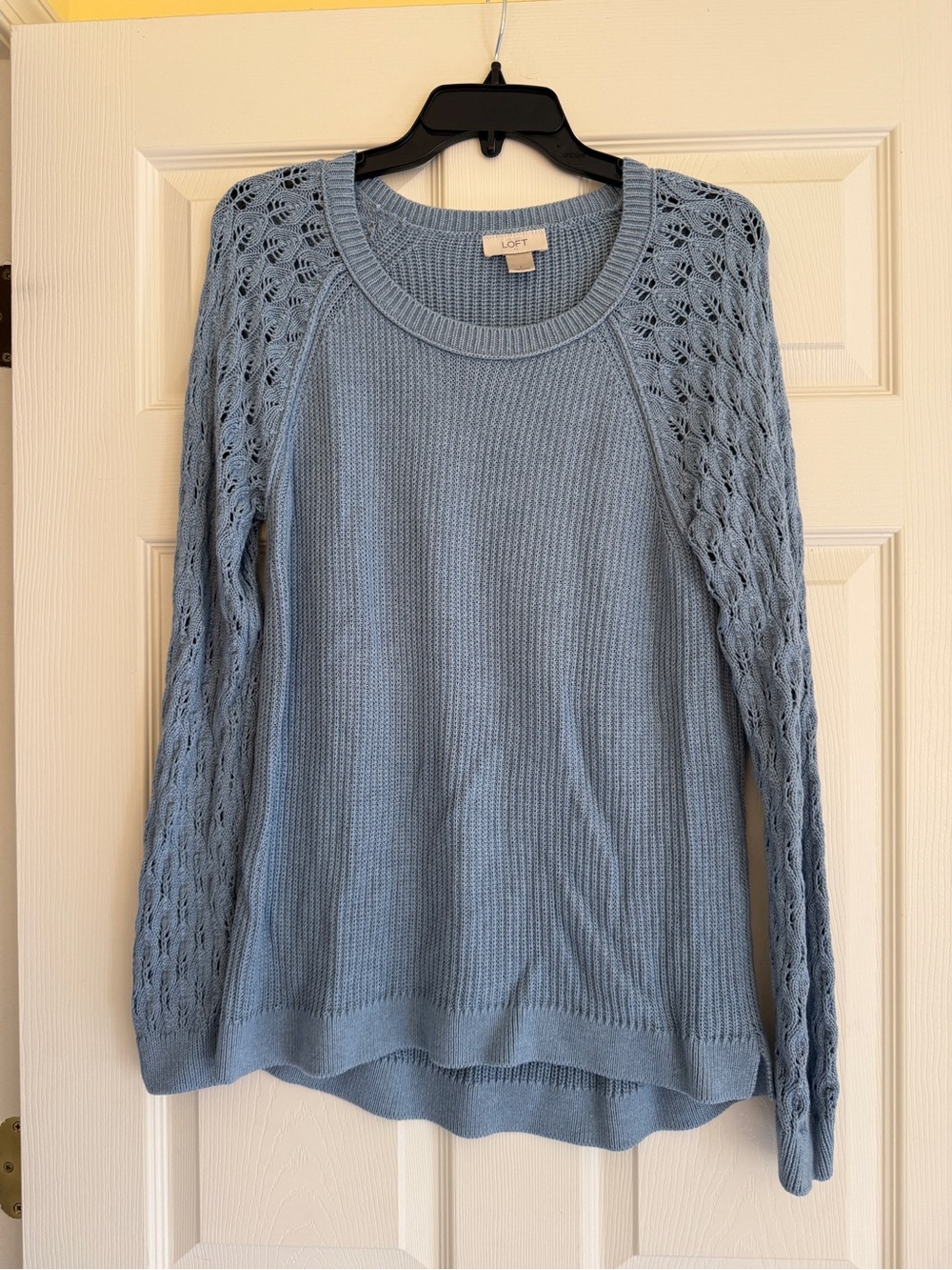 LOFT Powder Blue Openwork Sleeve Crewneck Sweater